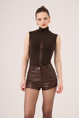 Balıkçı Yaka Kolsuz Layla Kaşmir Bluz Kahve