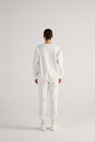 3 İplik Şardonlu Uzun Kol Bisiklet Yaka Fine Sweatshirt Ekru