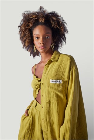 Oversize Model Düğme Kapamalı Playa Gömlek Yeşil