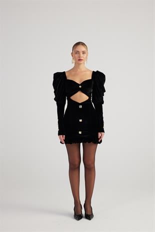 Karpuz Kol Kadife Kumaş Mini Raquel Elbise Siyah