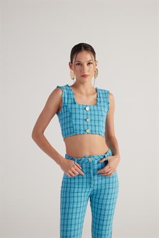 Tüvit Kumaş Crop Tweed Büstiyer Mavi