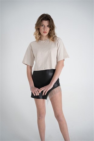 Kısa Kol Bisiklet Yaka Basic Viole Tshirt Bej