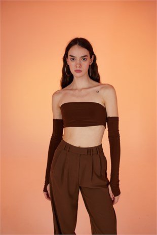 Straplez Model Kol Detaylı Noir Bluz Kahverengi