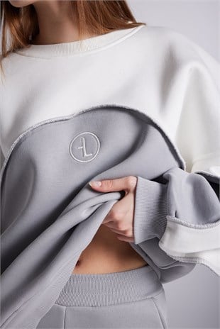 Şardonlu 3 İplik Kumaş Logolu Oversize Nola Sweatshirt Gri