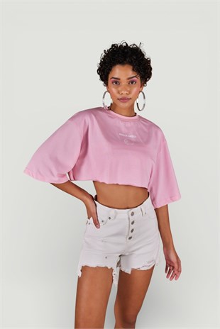 Bisiklet Yaka Holly Crop Tshirt Pembe