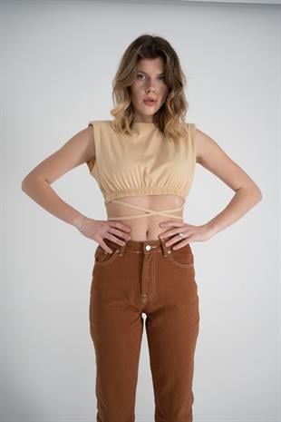 Bel Bağlamalı Crop Candy Tshirt Bej
