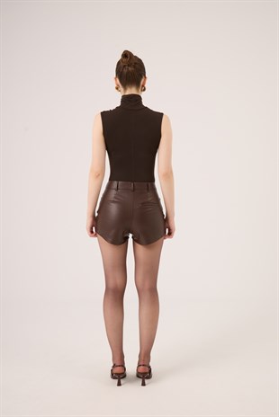 Balıkçı Yaka Kolsuz Layla Kaşmir Bluz Kahve