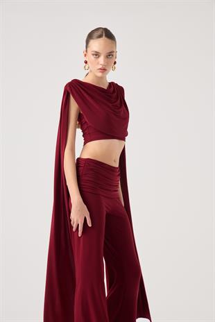 Şal Detaylı Bluz ve İspanyol Pantolonlu Finley Takım Bordo