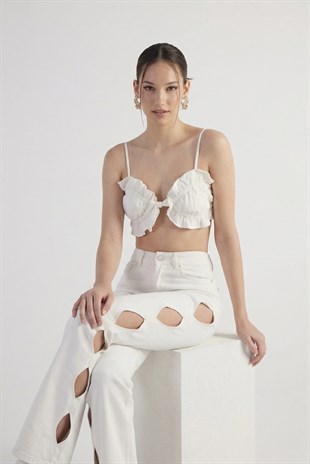 Cutout Jean Pantolon Beyaz