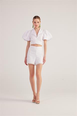 Astarlı, Brode Detaylı Poplin Fairy Şort Beyaz