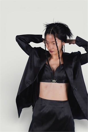 Askılı Crop Saten Fancy Büstiyer Siyah