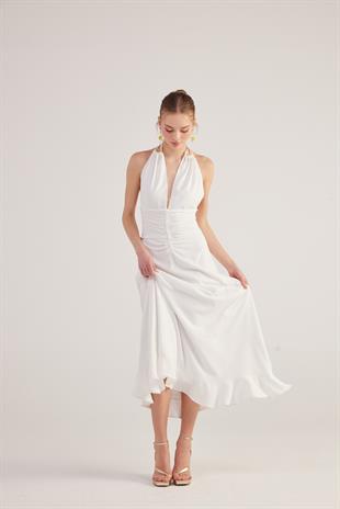 Boyundan Bağlamalı Uzun Singa Elbise Beyaz