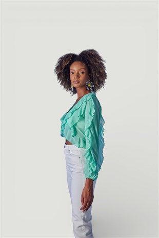 Crop Model Bağlamalı Kol Detaylı Elsa Bluz Yeşil