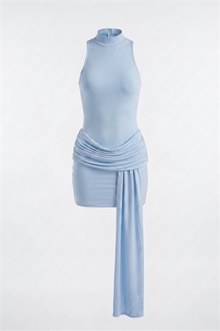 Backless, Draped Mini Daisy Dress, Blue