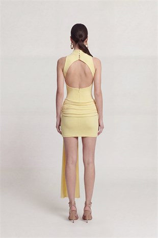 Yellow Mini Daisy Dress with Open Back and Draped Skirt