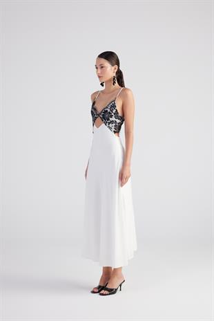 Dantel Detaylı Sırt Dekolteli Uzun Saten Thaliia Elbise Beyaz