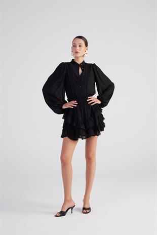 Brode Detaylı Asimetrik Kesim Astarlı Mini Pixie Etek Siyah