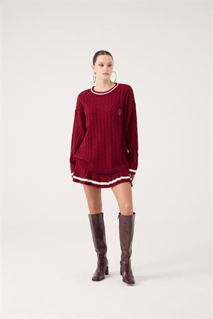 Logolu Örgü Desenli Oversize Triko Harold Kazak Bordo