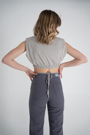 Bel Bağlamalı Crop Candy Tshirt Gri