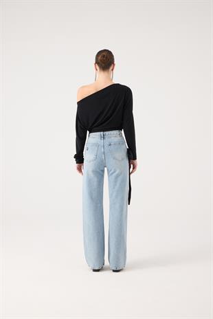 Yüksek Bel Kurdele Detaylı Wide Leg Kyla Jean Pantolon Siyah