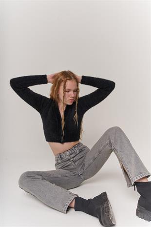 Likrasız Yüksek Bel Straight Kesim Toll Jean Pantolon Gri