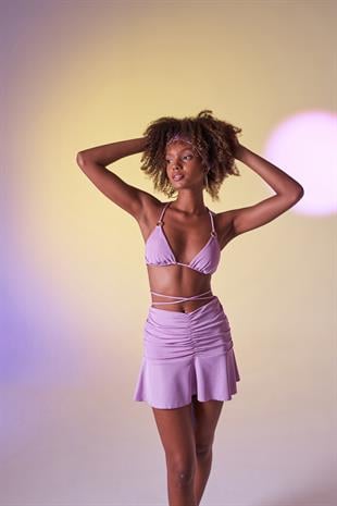 Yüksek Bel Büzgü Detaylı Mini Delphi Etek Lila