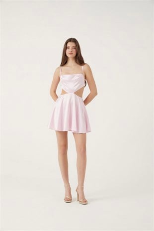 Sırt Dekolteli Saten Mini Sheri Elbise Pembe