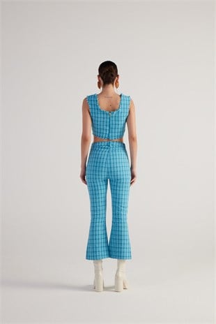 Tüvit Kumaş Crop Tweed Büstiyer Mavi