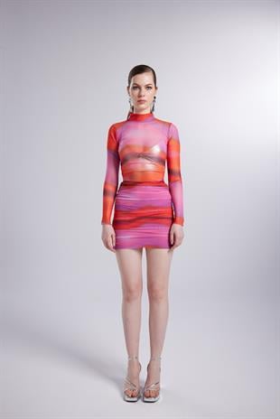 Balıkçı Yaka Astarlı Mini Çok Renkli İkili Inferno Takım Pembe