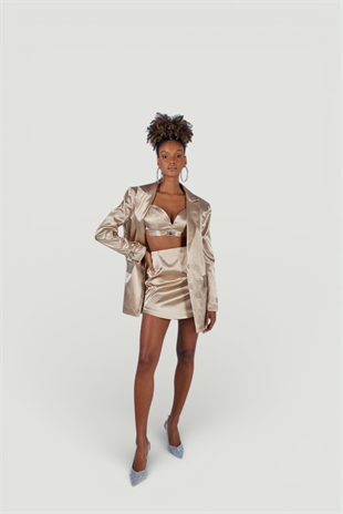 Mini Boy Fermuarlı Saten Fancy Etek Bej