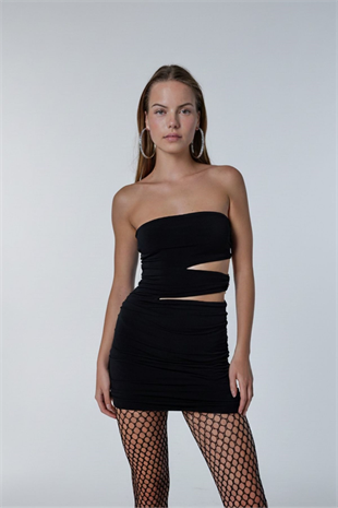 Straplez Mini Buble Elbise Siyah