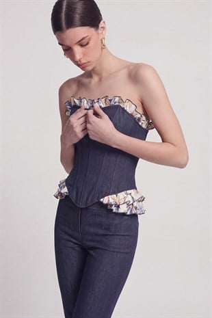 Venus Bustier with Ruffle Detail and Jean-Look Design, Navy Blue