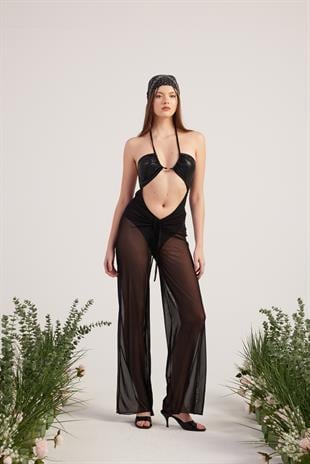 Beli İp Detaylı Tül Pareo Shirred Pantolon Siyah