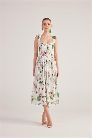 Çiçek Desenli Gloplu Uzun Şifon Donatella Elbise Beyaz