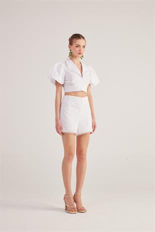 Brode Detaylı, Balon Kollu, Kuşaklı Fairy Gömlek Beyaz