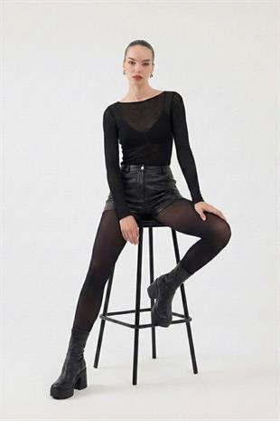 Yüksek Bel Mini Meghan Deri Şort Siyah