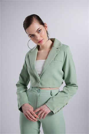 Vatkalı Atlas Kumaş Crop Model Panky Ceket Yeşil