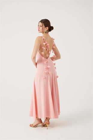 Askıları Yaprak Detaylı Uzun Raina Elbise Pembe