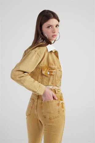Mermer Desenli Çıkarılabilir Yaka Detaylı Crop Kesim Cepli Rusted Jean Ceket Camel