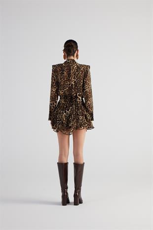 Asimetrik Kesim Leopar Desenli Şortlu Kaia Etek Kahve