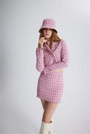 Tüvit Kumaş Mini Tweed Etek Pembe