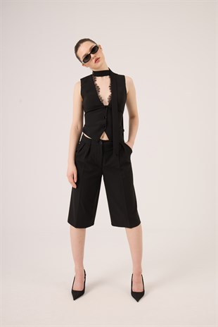 Yüksek Bel Tek Pilili Nina Bermuda Pantolon Siyah