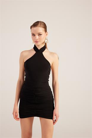Halter Yaka Büzgülü Mini Perla Elbise Siyah