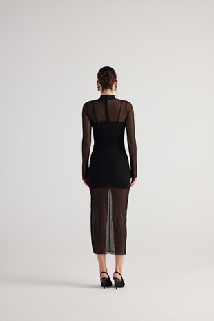 Astarlı Yarım Balıkçı Tül Kamille Elbise Siyah