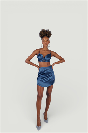 Mini Boy Fermuarlı Saten Fancy Etek Lacivert