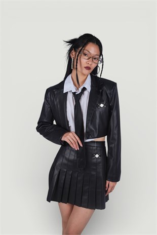 Crop Model Astarlı College Ceket Siyah
