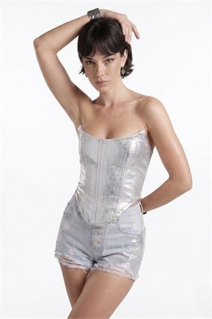 Parlak Kaplamalı Glossy Jean Büstiyer Mavi
