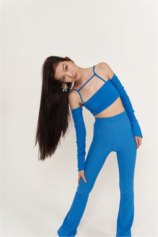 Crop Model Askılı Uzun Kol Molly Bluz Mavi