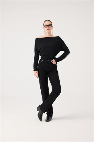 Yüksek Bel Straight Kesim Sagrado Jean Pantolon Siyah