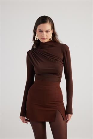 Yırtmaçlı Mini Panky Etek Kahve